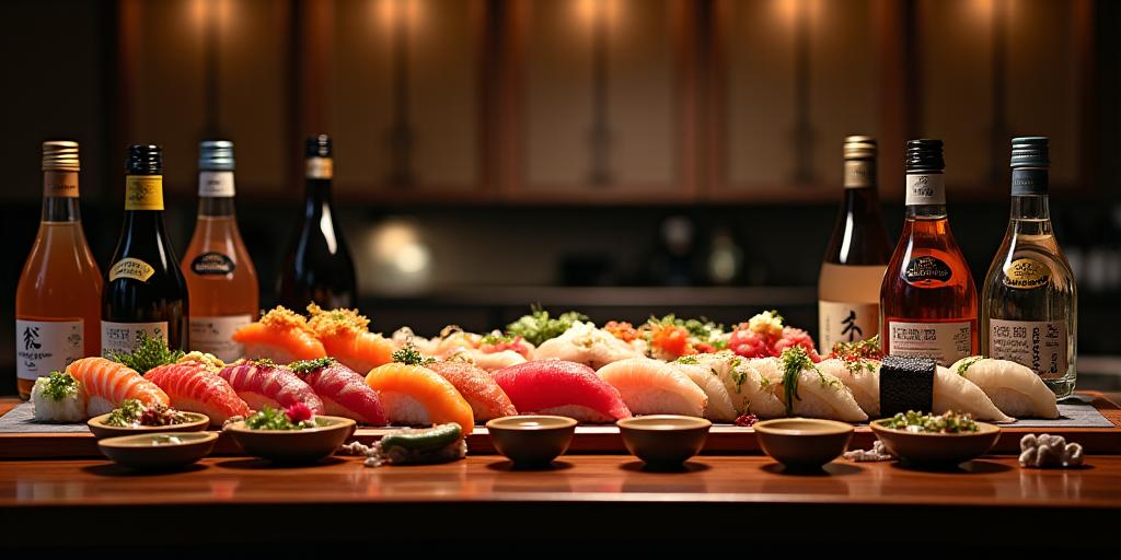 寿司と日本酒が並べられたカウンター